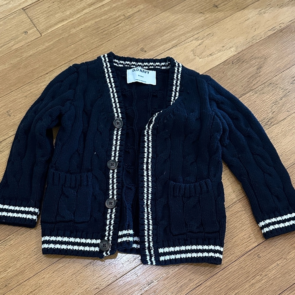 Old Navy Navy Cable Knit Cardigan with White Trim